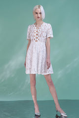 Boho Short White Lace V-neck Dress wirh Short Sleeves