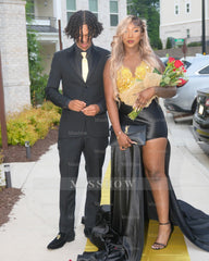 Bold Black V-Neck Sleeveless Mermaid Prom Dress with Beaded Appliques and Slit