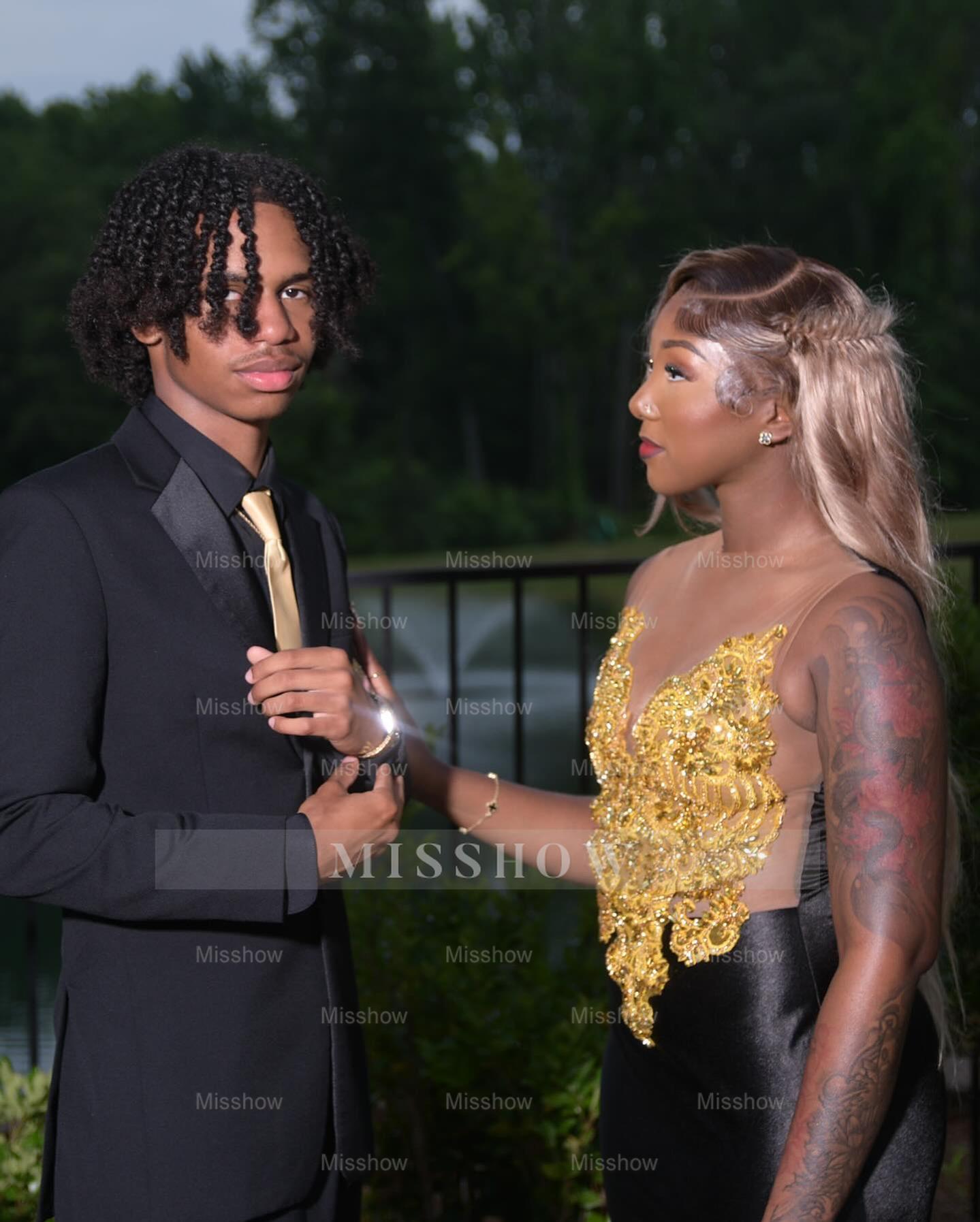 Bold Black V-Neck Sleeveless Mermaid Prom Dress with Beaded Appliques and Slit