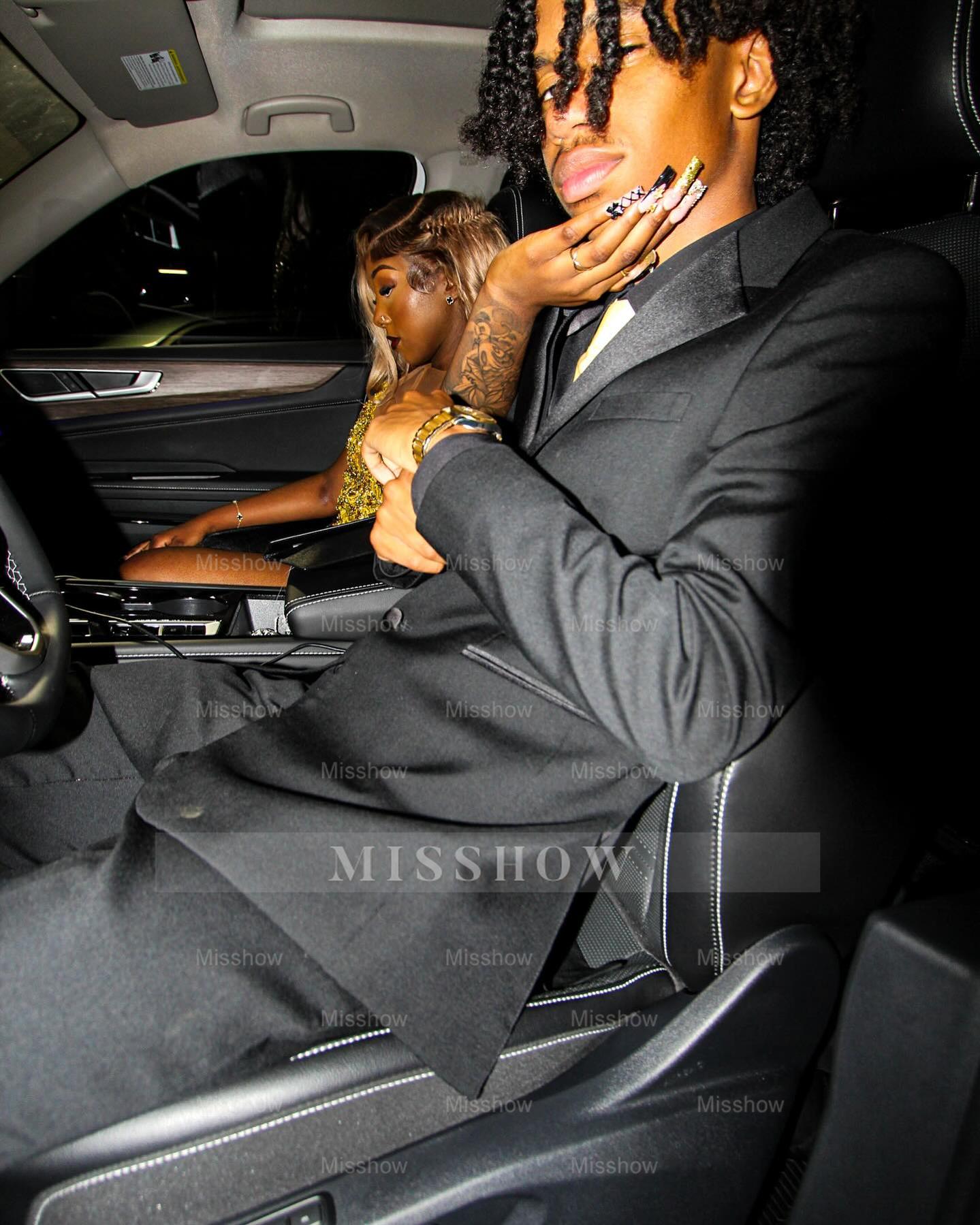 Bold Black V-Neck Sleeveless Mermaid Prom Dress with Beaded Appliques and Slit