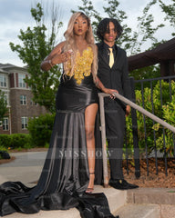 Bold Black V-Neck Sleeveless Mermaid Prom Dress with Beaded Appliques and Slit