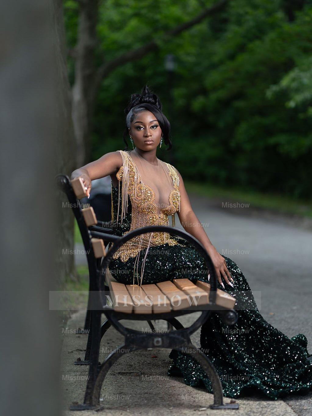 Bold Long Dark Green Sequined V-Neck Sleeveless Mermaid Prom Dress with Rhinestones and Tassels