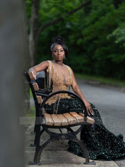 Bold Long Dark Green Sequined V-Neck Sleeveless Mermaid Prom Dress with Rhinestones and Tassels