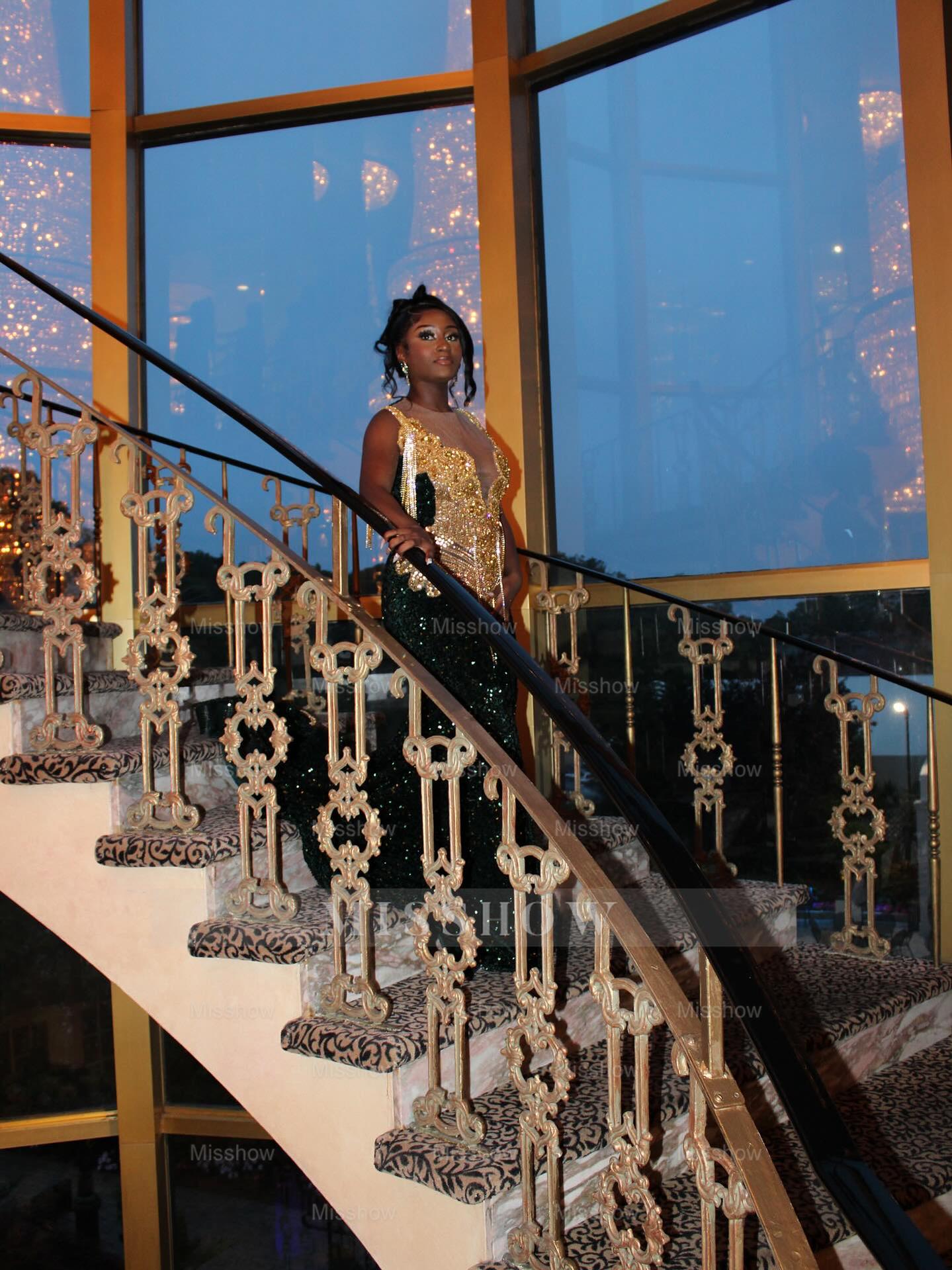 Bold Long Dark Green Sequined V-Neck Sleeveless Mermaid Prom Dress with Rhinestones and Tassels