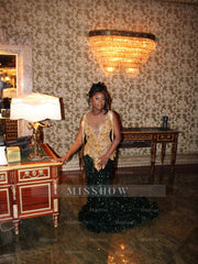 Bold Long Dark Green Sequined V-Neck Sleeveless Mermaid Prom Dress with Rhinestones and Tassels