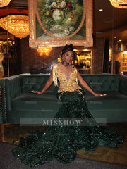 Bold Long Dark Green Sequined V-Neck Sleeveless Mermaid Prom Dress with Rhinestones and Tassels