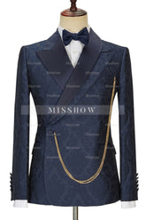 Brandon Latest Navy Blue Slim Fit Jacquard Peaked Lapel Wedding Men’s Attire