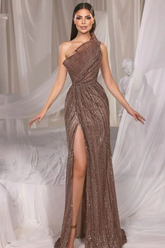 Bronze One Shoulder Sleeveless Sequined Mermaid Front Slit Floor Formal Evening Gown