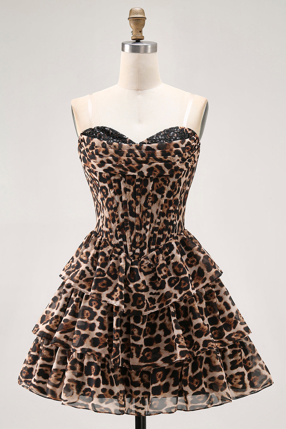 Brown Cheetah Print Tiered A Line Short Corset Homecoming Dress