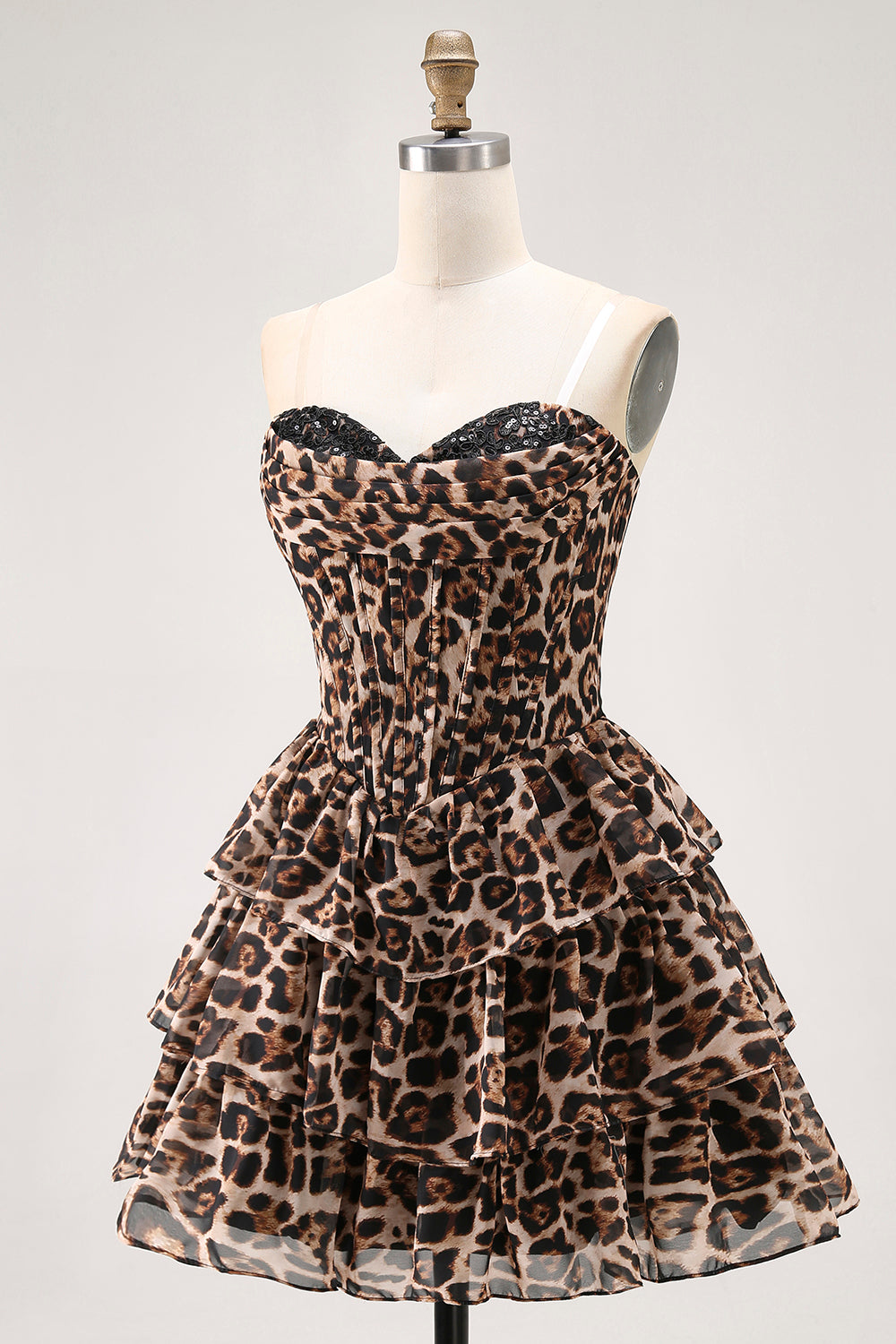 Brown Cheetah Print Tiered A Line Short Corset Homecoming Dress