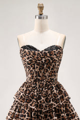Brown Cheetah Print Tiered A Line Short Corset Homecoming Dress