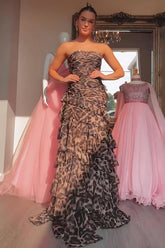 Brown Leopard Strapless Sweetheart Rhinestone Beading Tiered Ruffle Chiffon A-Line Prom Dress Floor Length