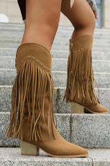 Brown Leopard Wide Calf Chunky Heel Cowgirl Boots with Fringes