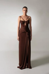 Brown spaghetti straps ruched column evening dress