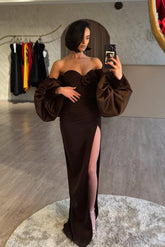 Brown Strapless Sweetheart Cape Sleeves Column Satin Ruffled Floor Length Evening Gown
