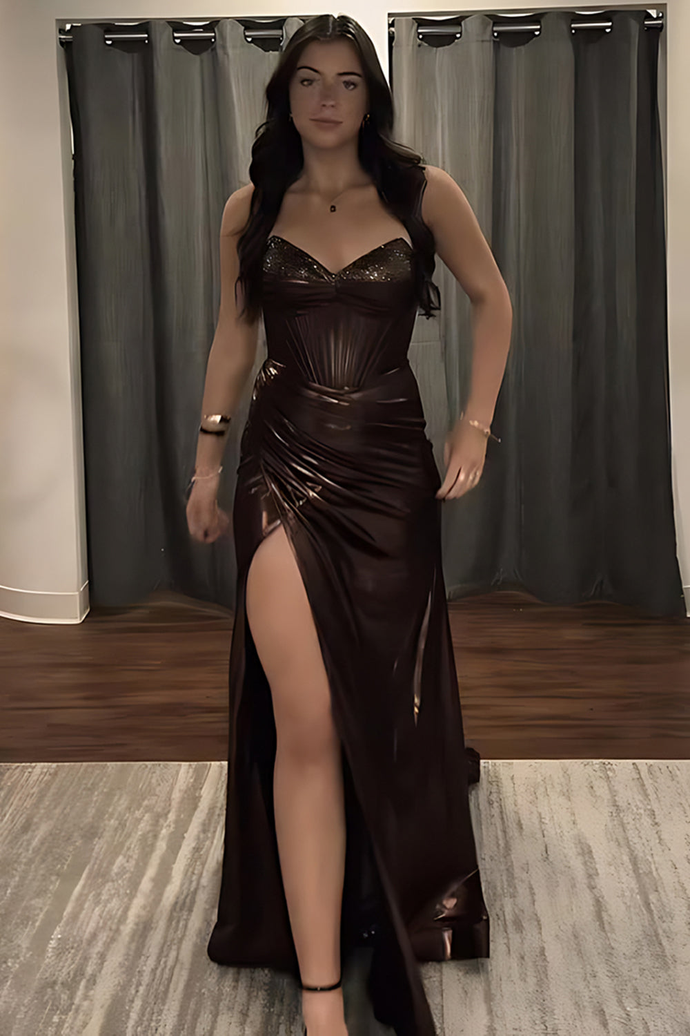 Brown Sweetheart Rhinestone Beading Illusion Corset Metallic Mermaid Prom Dress Side Slit Floor Length