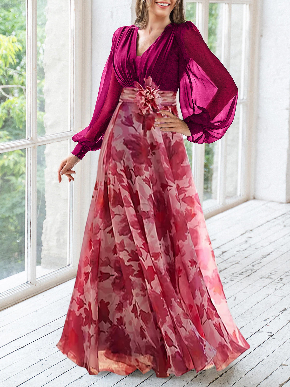A Line Princess V Neck Long Sleeves Floor Length Floral Mother Of The Bride Dresses With Flower