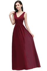 Burgundy Chiffon Sheath V Neck Long Evening Dresses