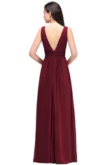 Burgundy Chiffon Sheath V Neck Long Evening Dresses