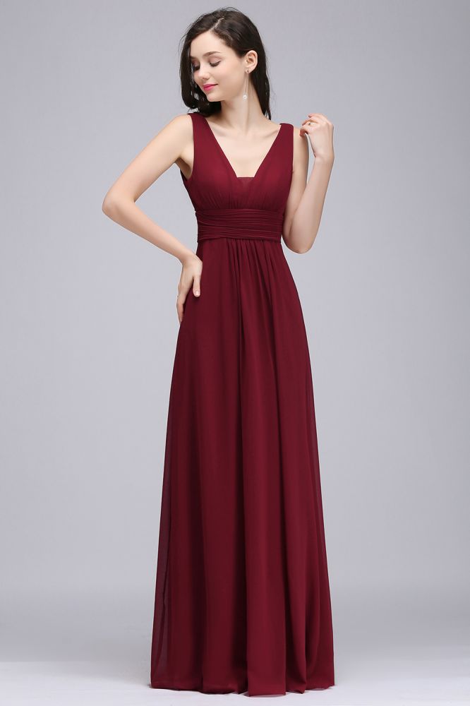 Burgundy Chiffon Sheath V Neck Long Evening Dresses