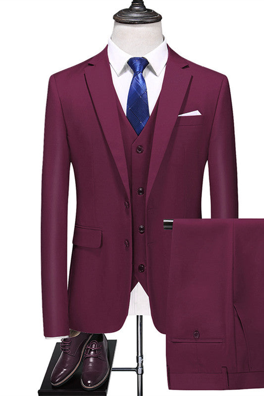 Burgundy Close-Fitting Three-Piece Notched Lapel Men's Business Suit