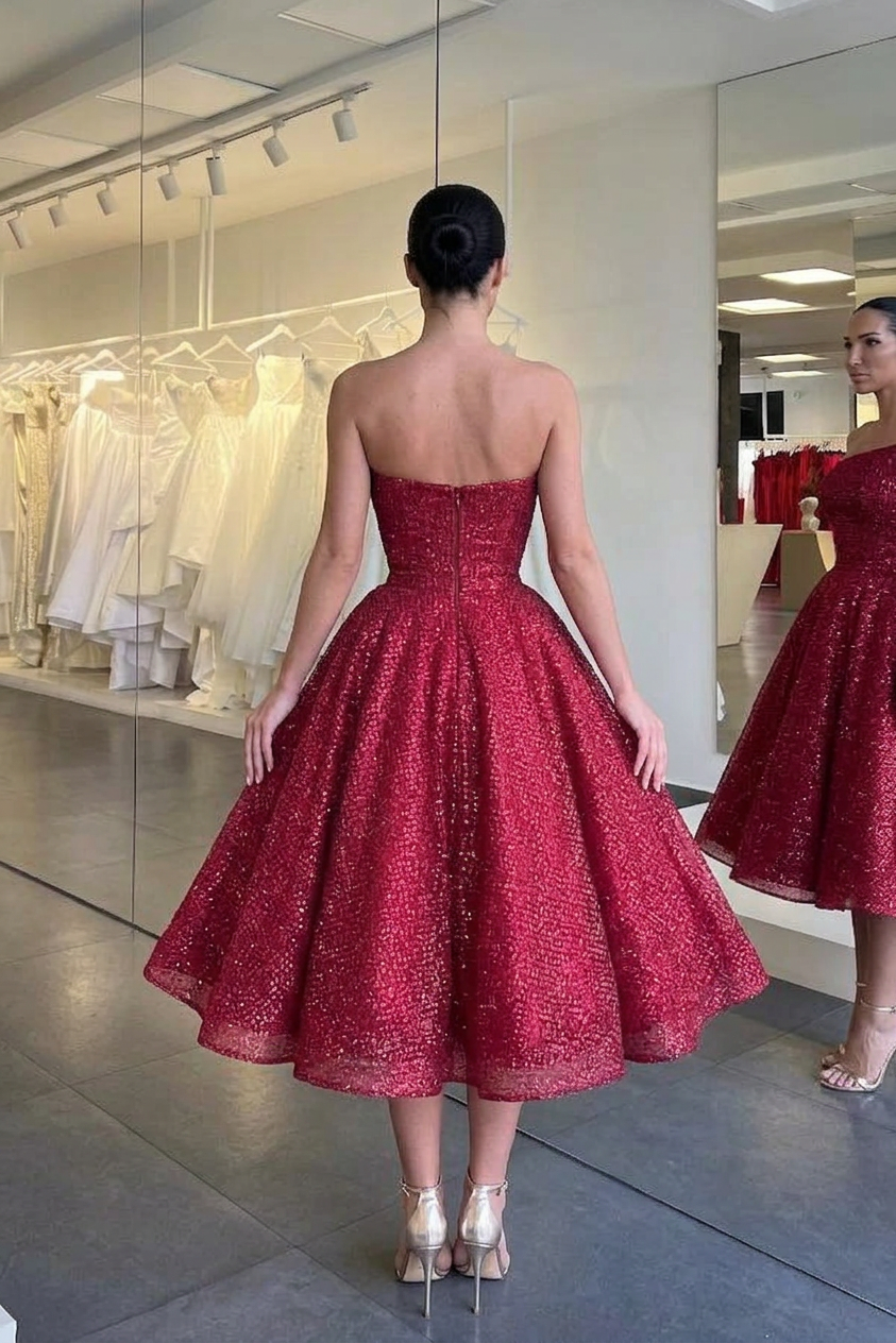 Burgundy Glitter Sequin Strapless Corset Cocktail Dress Straight Neck Boned Bodice A-Line Tea Length Formal Party Gown