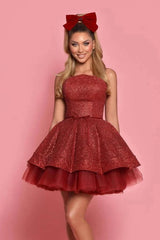Burgundy Glitter Strapless Corset Mini Dress Straight Neck Tiered Tulle Skirt Homecoming Party Gown