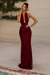 Burgundy Halter Sleeveless Mermaid Lace Applique Corset Floor Length Formal Evening Dress