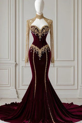 Burgundy High Neck Long Sleeve Mermaid Beaded Velvet Floor Length Formal Evening Gown