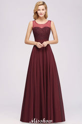 Burgundy illusion neck beaded lace chiffon bridesmaid dress