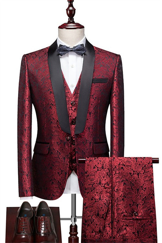 Burgundy Jacquard Three-Piece Shawl Collar Wedding Suit