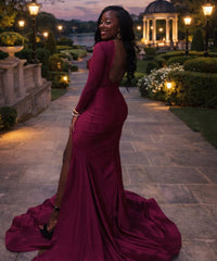 Burgundy Mermaid Prom Dress High Neck Long Sleeve Sheer Illusion 3D Lace Floral Vine Scroll Crystal Applique Open Back High Split Cathedral Train Gown