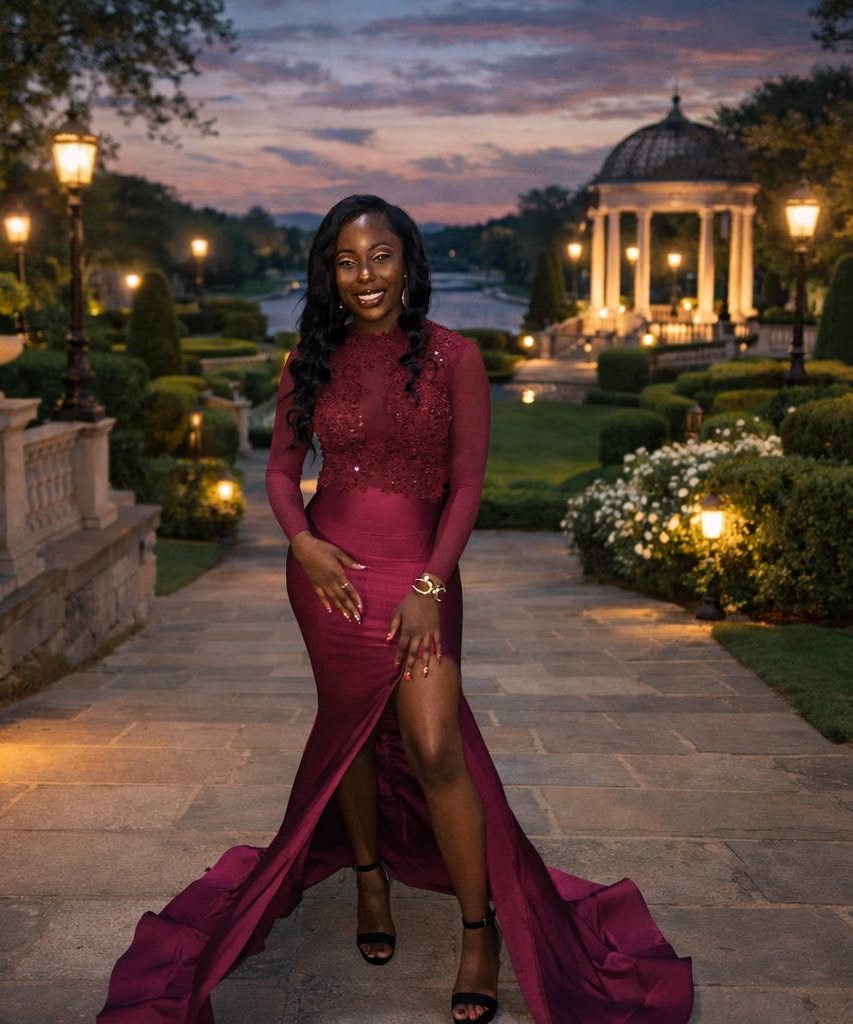 Burgundy Mermaid Prom Dress High Neck Long Sleeve Sheer Illusion 3D Lace Floral Vine Scroll Crystal Applique Open Back High Split Cathedral Train Gown