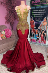 Red v-neck rhinestone mermaid prom dress
