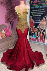 Red v-neck rhinestone mermaid prom dress