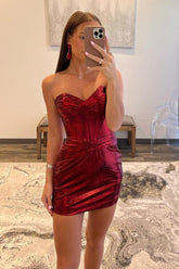 Burgundy Metallic Sweetheart Bodycon Ruched Short Homecoming Dress