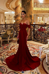 Burgundy Off-Shoulder Sleeveless Mermaid Satin Ruffled Floor Length Formal Evening Gown