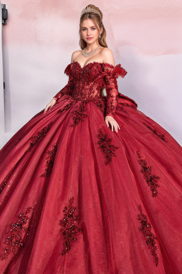Burgundy Off-the-Shoulder Long Sleeve Floral Beading Bow Ball Gown Quinceanera Dress