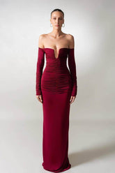 Burgundy off-the-shoulder ruched bodycon evening dress