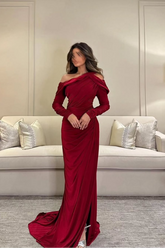 Burgundy Off-the-Shoulder Long Sleeve Ruched Column Front Slit Floor Formal Evening Gown