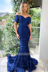 Burgundy Off-the-Shoulder Short Sleeve Mermaid Lace Applique Floor Formal Evening Gown