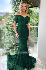 Burgundy Off-the-Shoulder Short Sleeve Mermaid Lace Applique Floor Formal Evening Gown