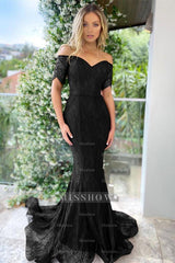 Burgundy Off the Shoulder Short Sleeves Mermaid Formal Dress With Applique