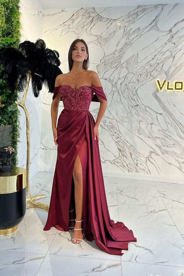 Burgundy Off-the-Shoulder Sleeveless A-Line Satin Beaded Appliques Formal Evening Gown