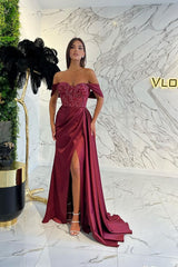 Burgundy Off-the-Shoulder Sleeveless A-Line Satin Beaded Appliques Formal Evening Gown