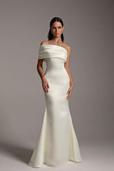 White off-the-shoulder ruffled mermaid evening dress