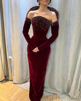 Burgundy Off-the-shoulder Long Sleeve Bodycon Velvet Rhinestone Floor Formal Evening Gown