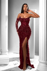 Burgundy off-the-shoulder sequin mermaid evening dress