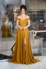 Gold off-the-shoulder lace A-line evening dress