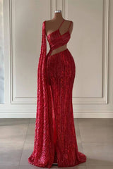 Burgundy One Shoulder Mermaid Formal Dress With Long Ruffles Sequins Split